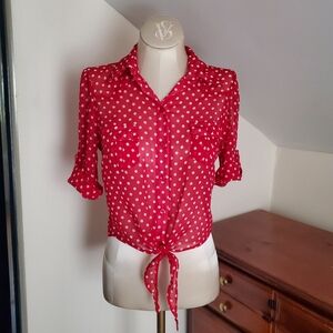 Sheer Red Polka Dot Button Up Tie Front Top